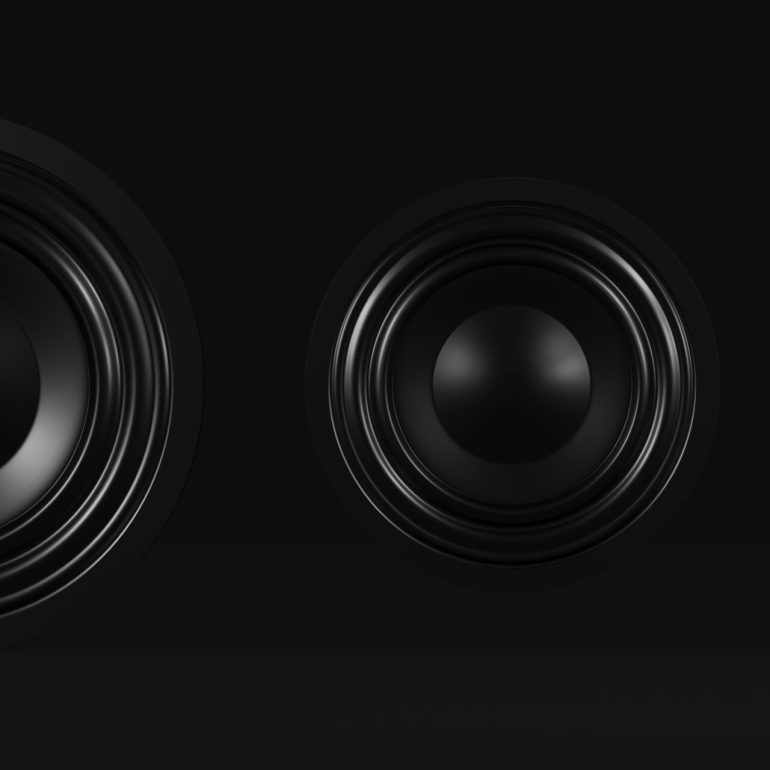 Music audio speaker 3d render. technology sound power bass stereo system black studio background with copy space on dark light. 3D rendering illustration.